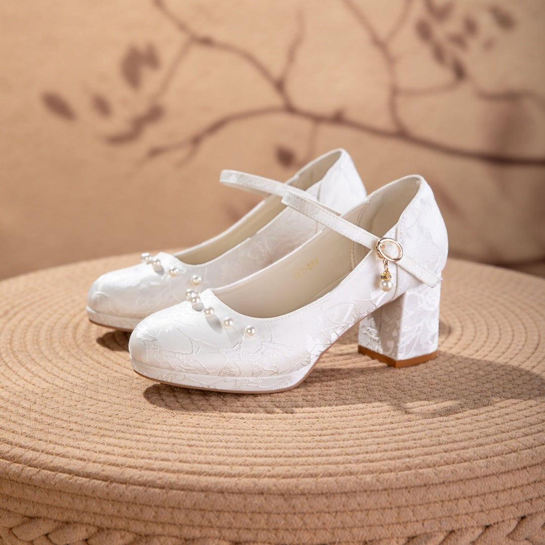 Sarah Express Jacquard Mary Jane Platform Heels White