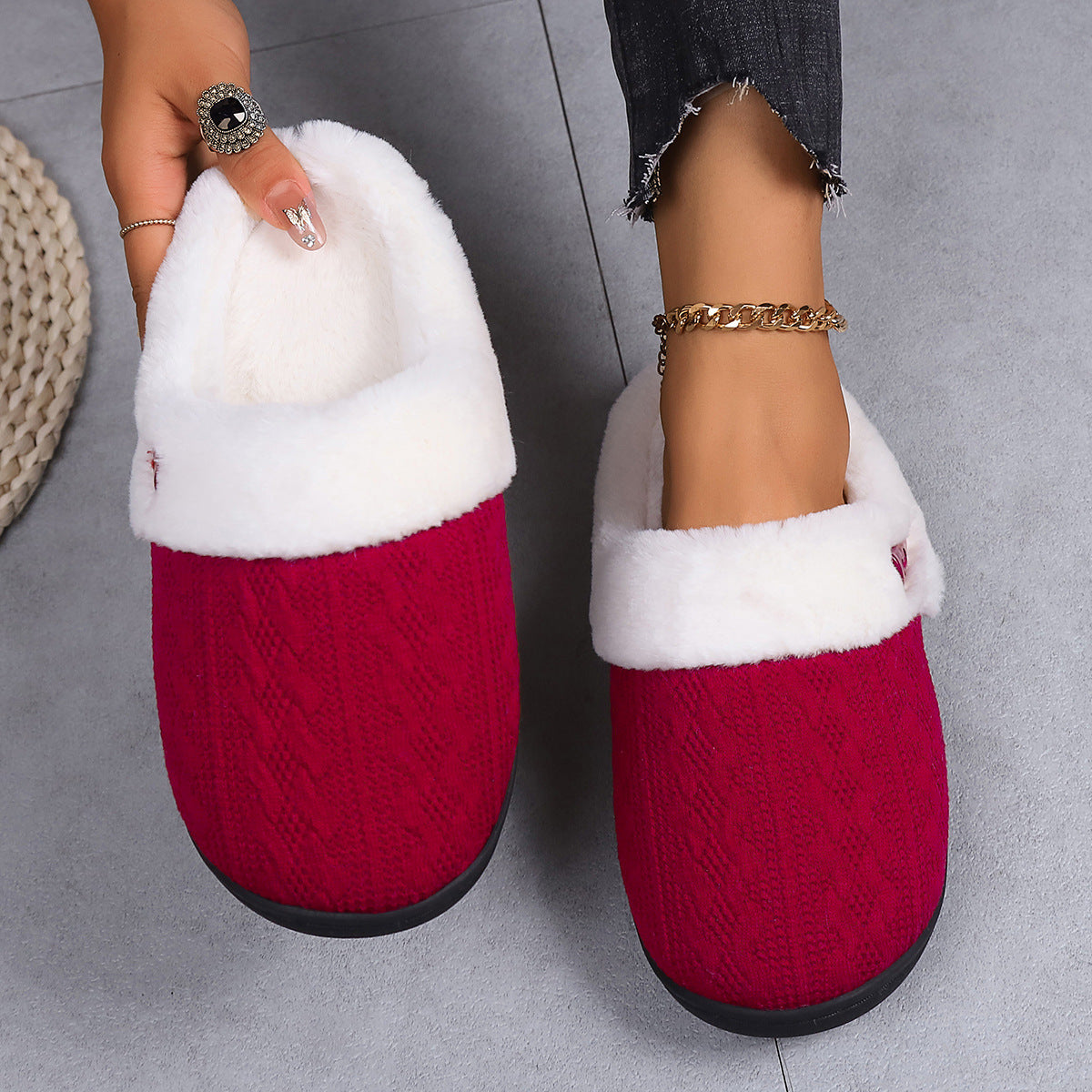 Sarah Express Unisex Cotton Slippers with Faux Fur Lining WIne Red