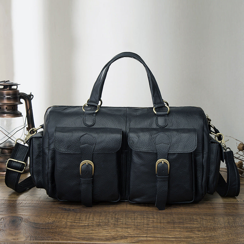 Sarah Express Retro Cowhide Leather Business Document Bag Black Litchi Grain