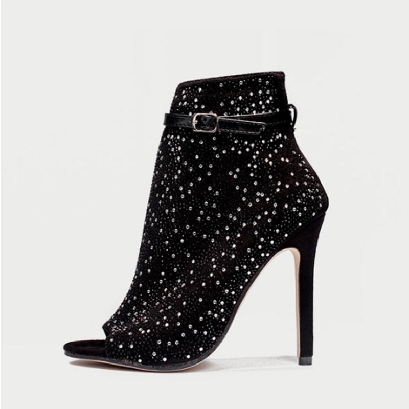Sarah Express Rhinestone Embellished Suede Ankle Sandals Black