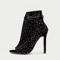 Sarah Express Rhinestone Embellished Suede Ankle Sandals Black