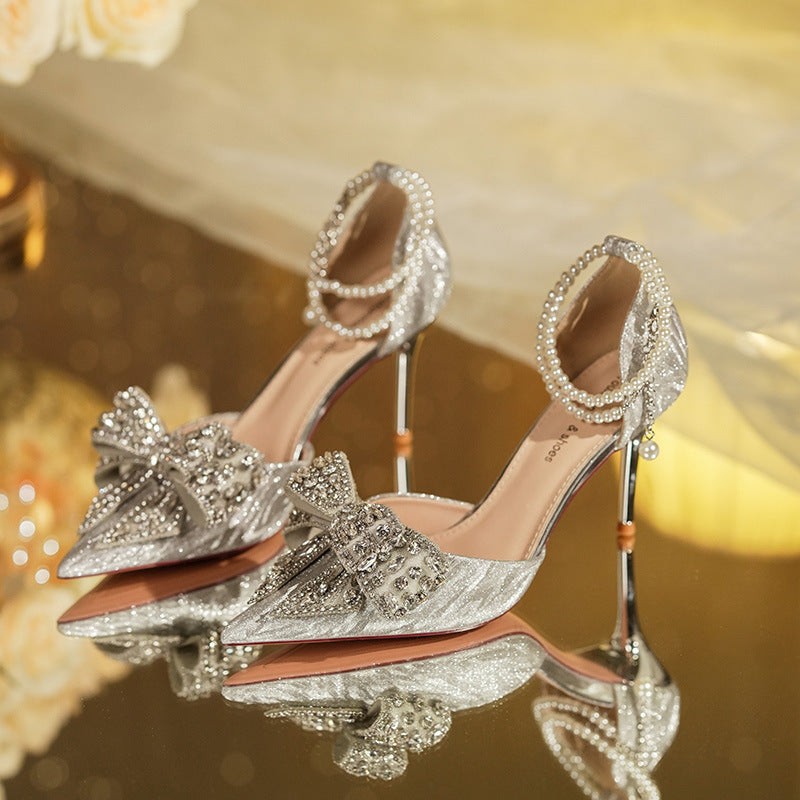 Sarah Express Rhinestone Bow Pointed Toe Pearl Heels