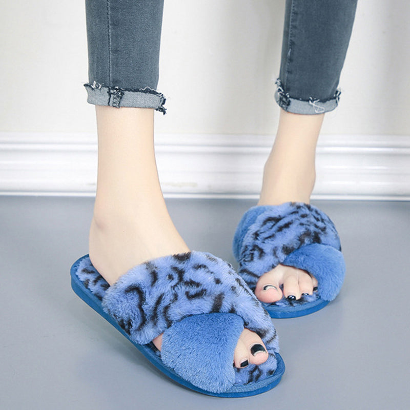 Sarah Express Fuzzy Leopard Cross-Strap House Slippers