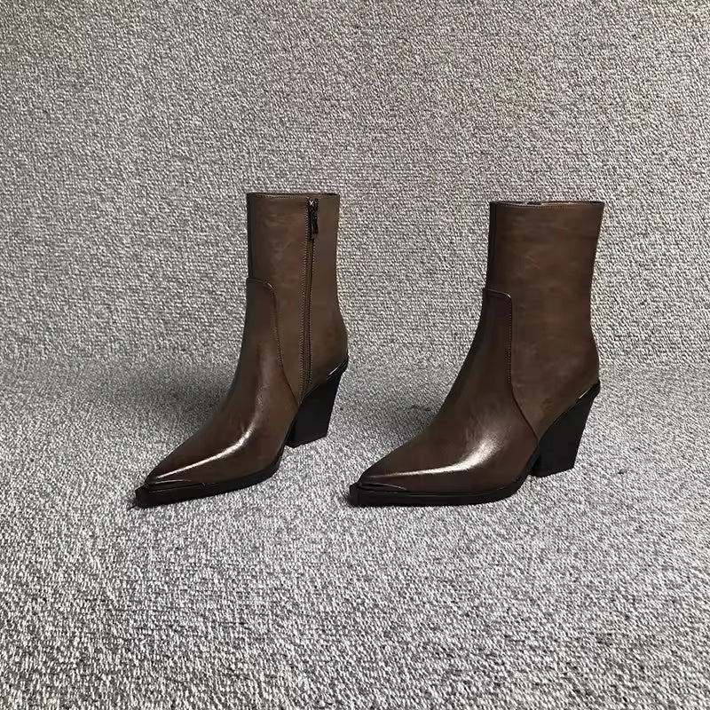 Sarah Express British Style Chunky Heel Pointed Boots Khaki