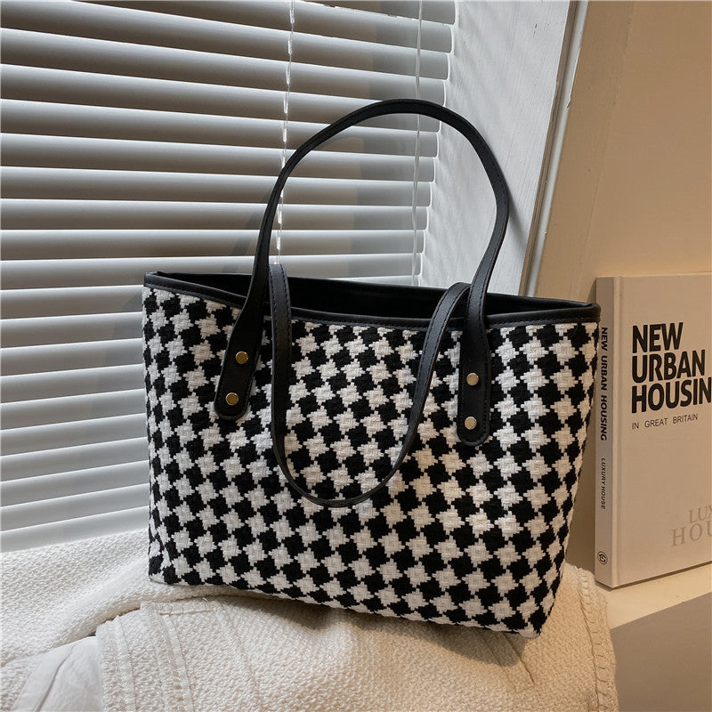 Sarah Express Plaid Nylon Shoulder Tote Bag Black