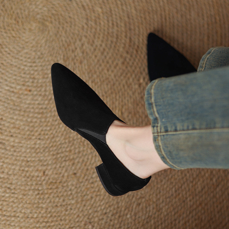 Sarah Express Suede Texture Pointed Toe Low Heel Shoes Black