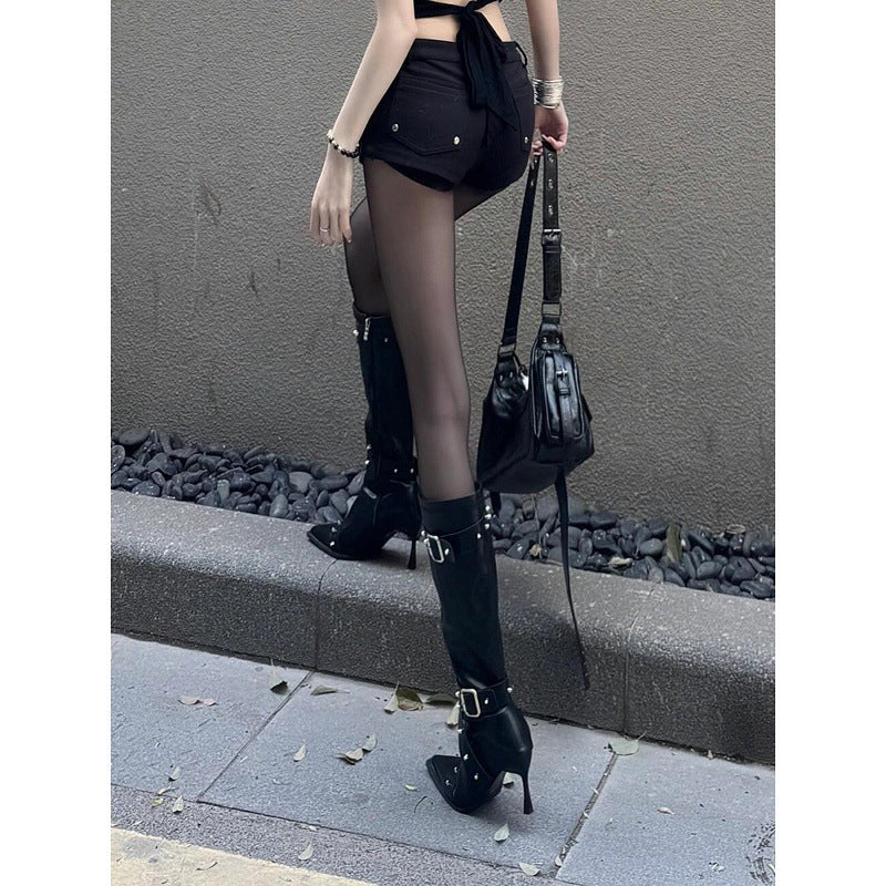 Sarah Express Belt-Buckle Rivet Slim Heel Long Boots