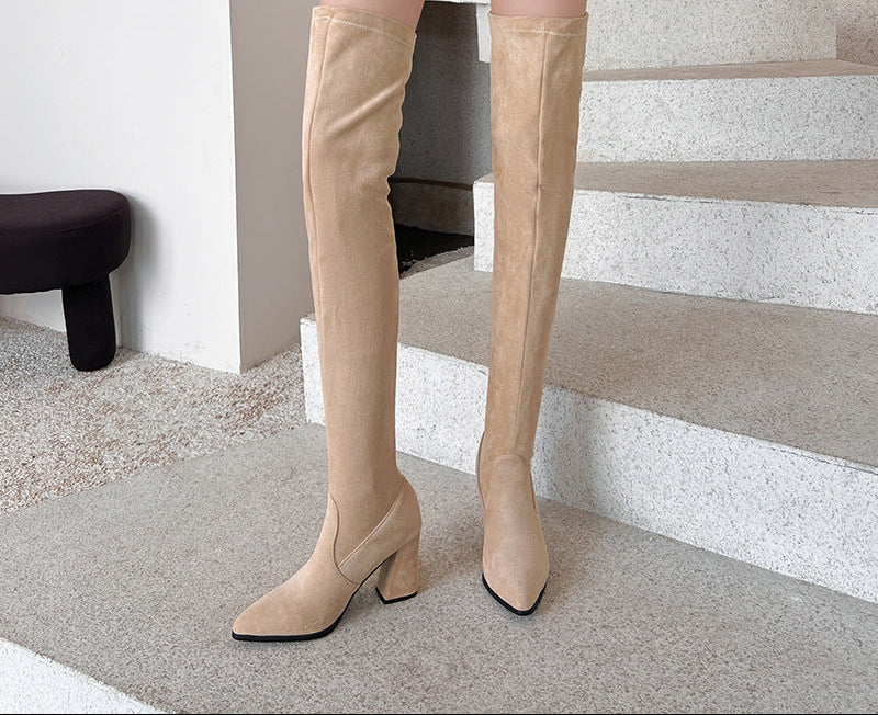 Sarah Express Suede Pointed Toe Chunky Heel Boots