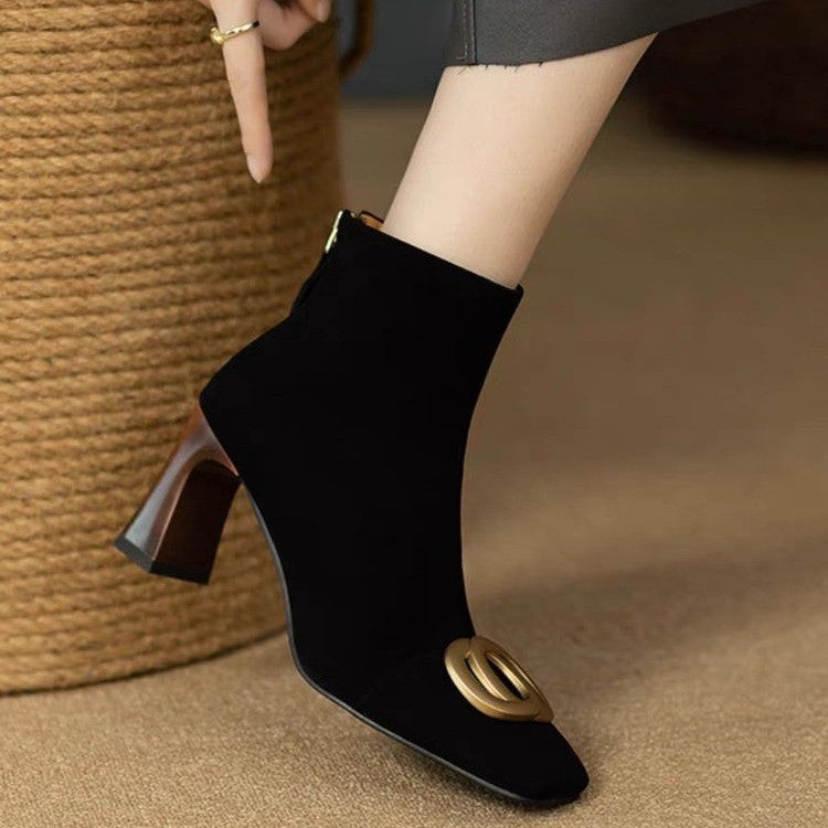 Sarah Express Retro Square Toe Chunky Heel Boots