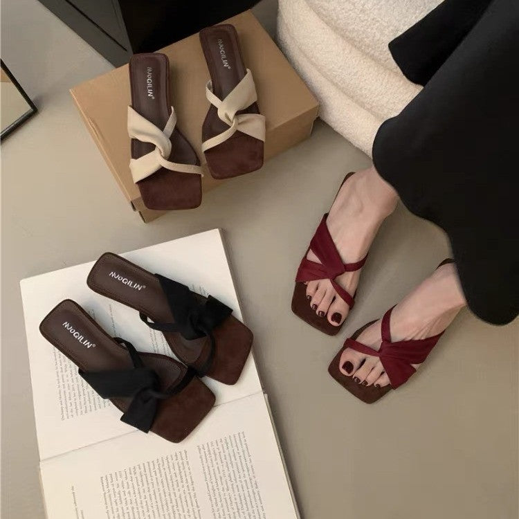 Women French Unique Design Block Heel Slide Sandals, 2026 New Summer Square Toe Open Toe Mid Heel Outdoor Slippers – product detail alternate view 3