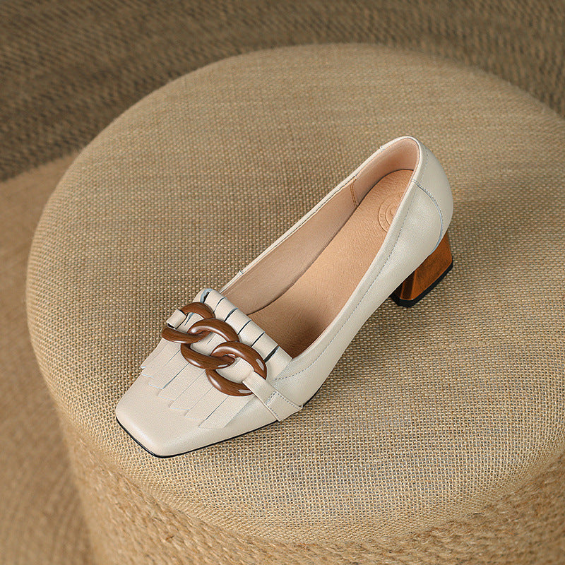 Sarah Express Fringed Peep-Toe Chunky Heel Dress Shoes Beige