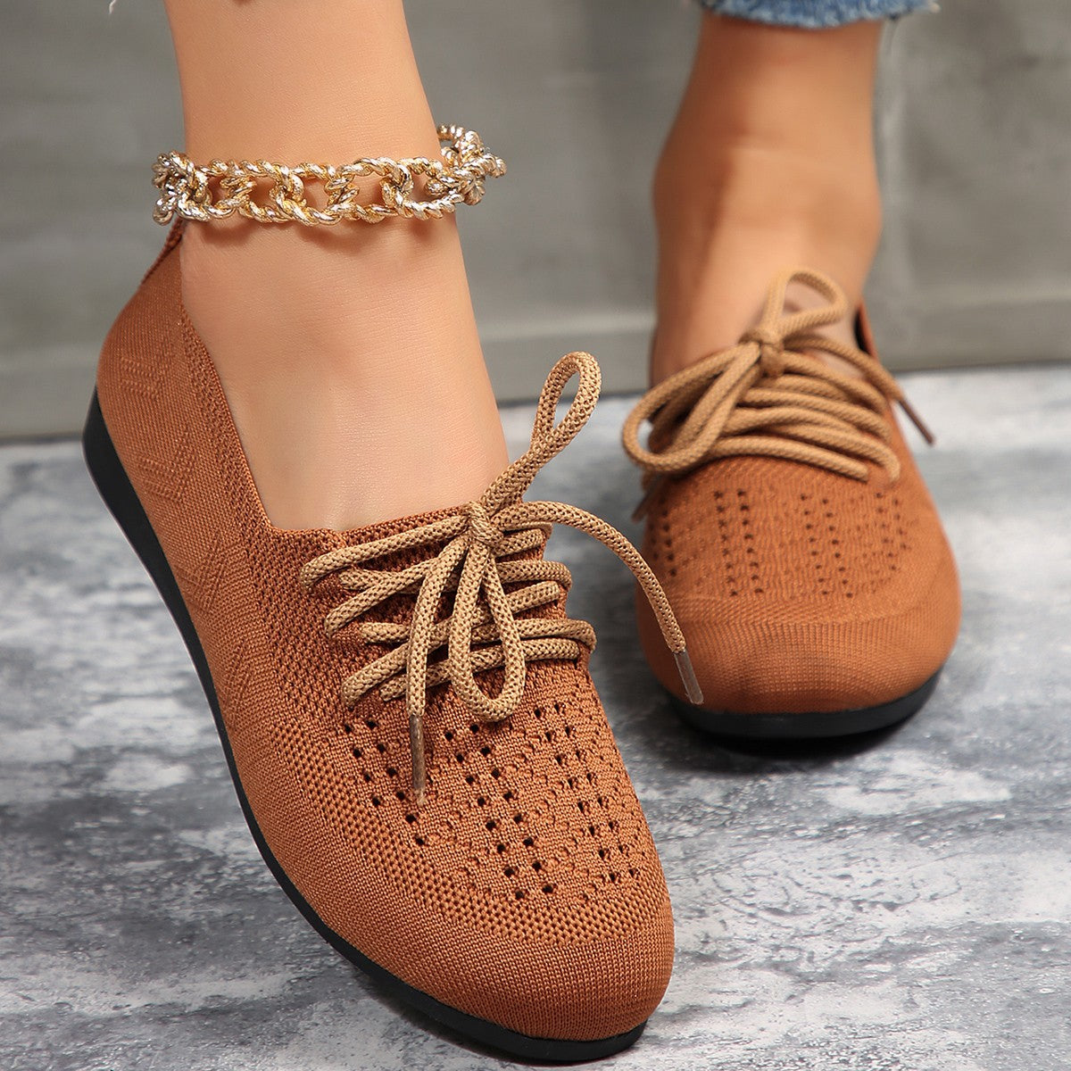 Sarah Express Women's Breathable Mesh Lace-Up Flats