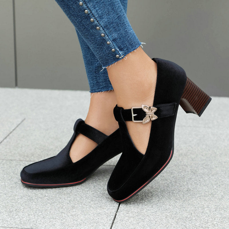 Sarah Express Suede Square Toe Block Heel Pumps