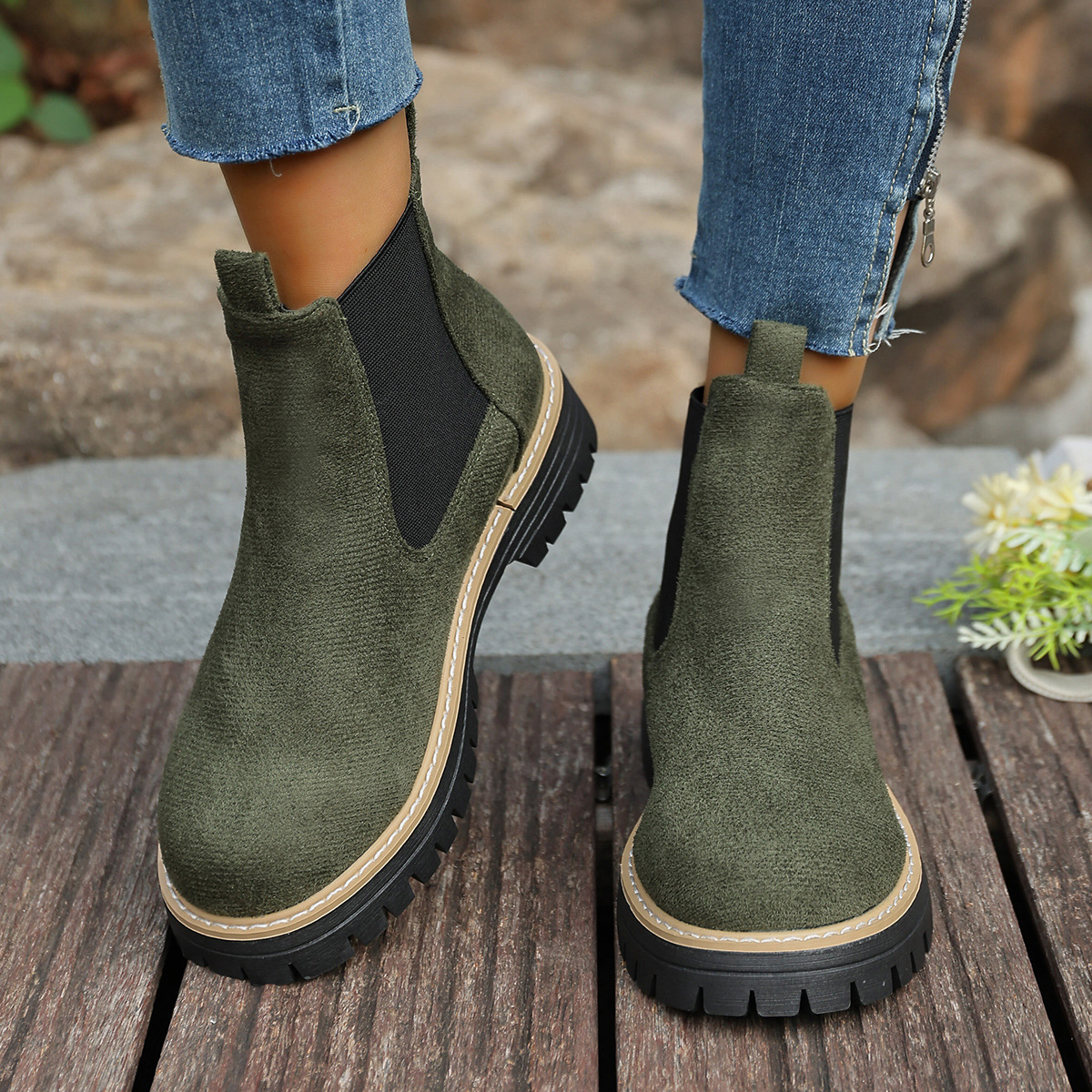 Sarah Express Women's Round Toe Square Heel Slip-On Boots