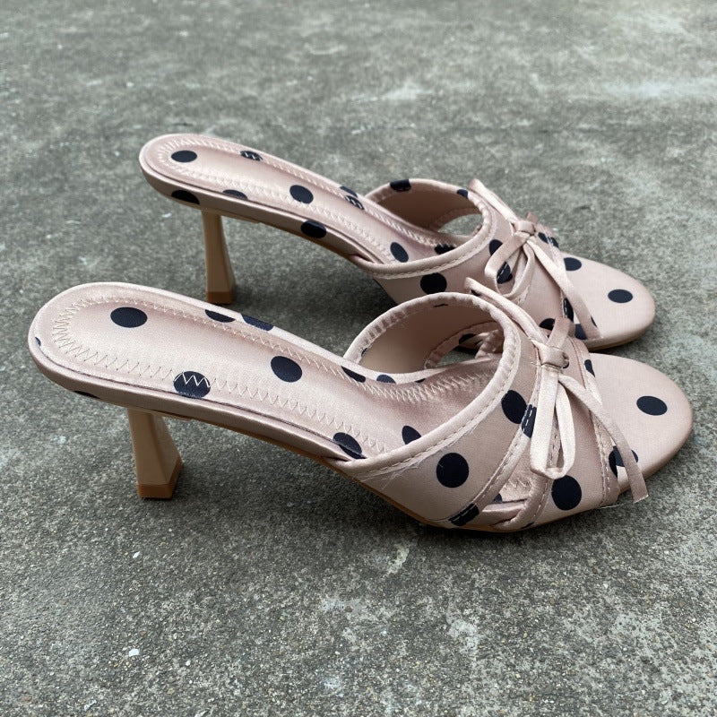 Sarah Express Polka Dot Satin Bow High Heel Slippers