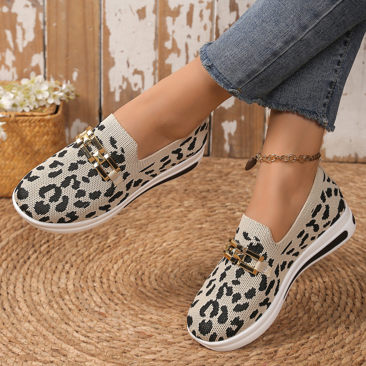 Sarah Express Leopard Print Chain Detail Slip-On Flats