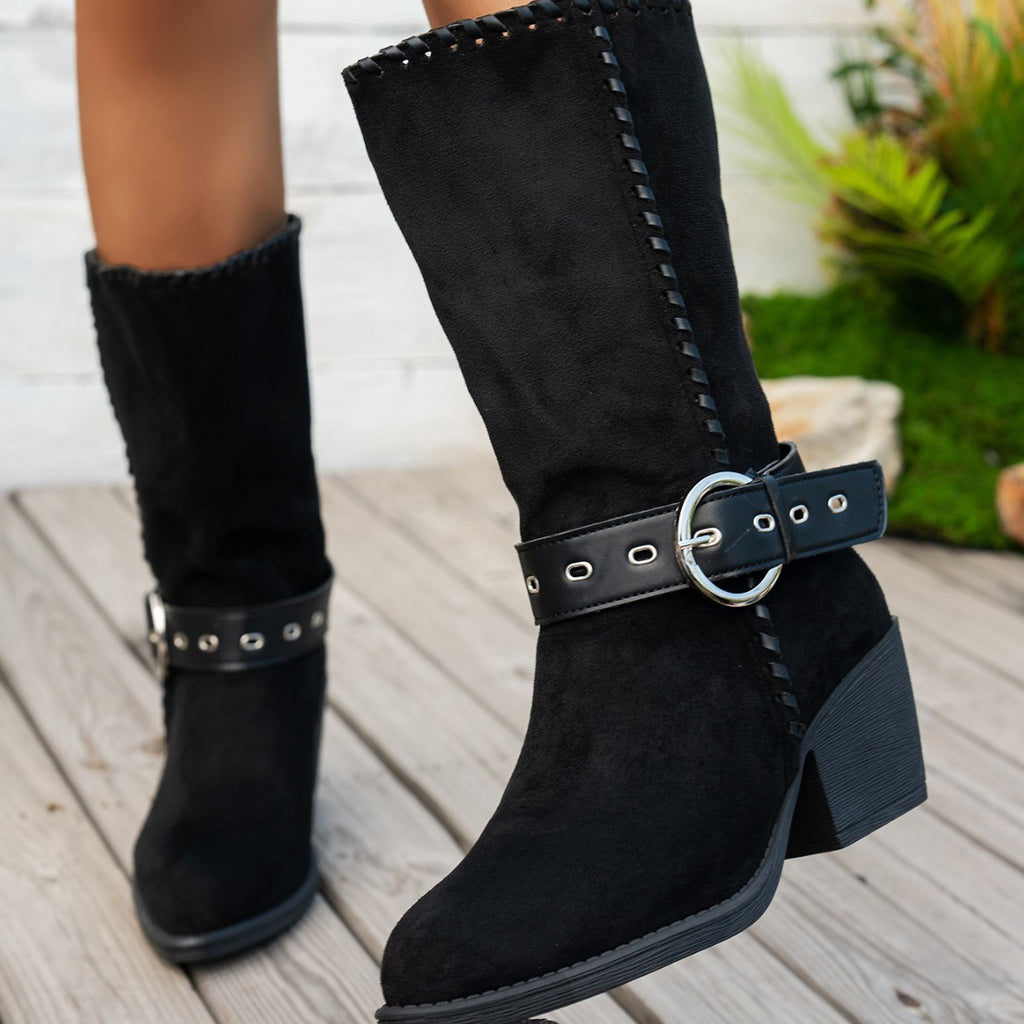 Sarah Express Pointed-Toe Mid-Calf Suede Fashion Boots