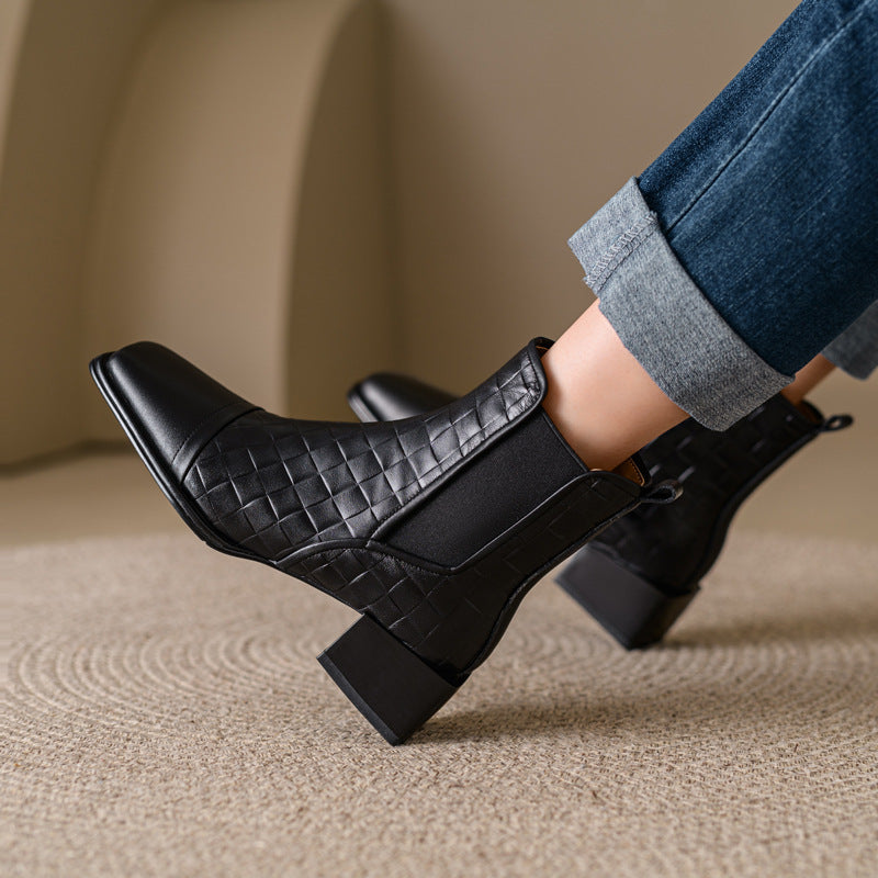 Sarah Express Woven Square-Toe Chunky-Heel Ankle Boots Black Single Liner