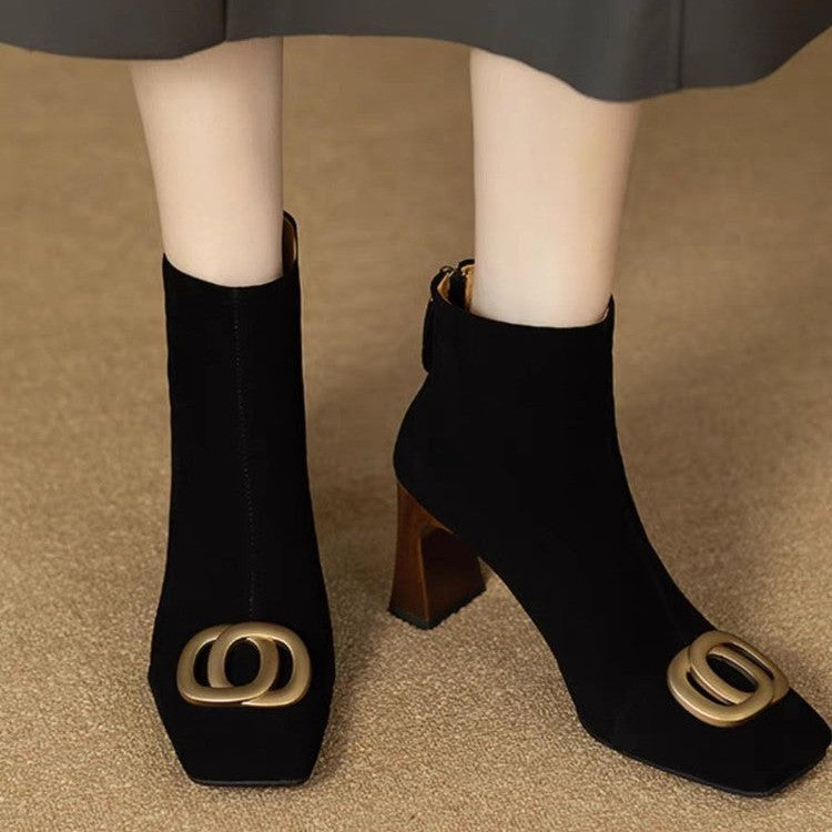Sarah Express Retro Square Toe Chunky Heel Boots