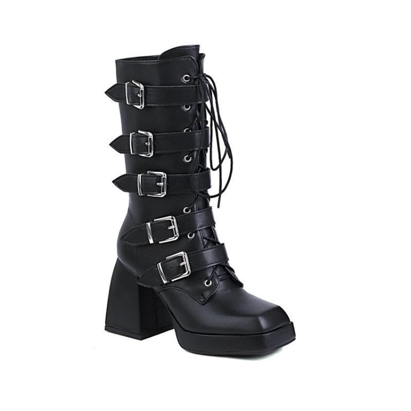 Sarah Express Square Toe Buckle Ankle Boots Sheep pattern black