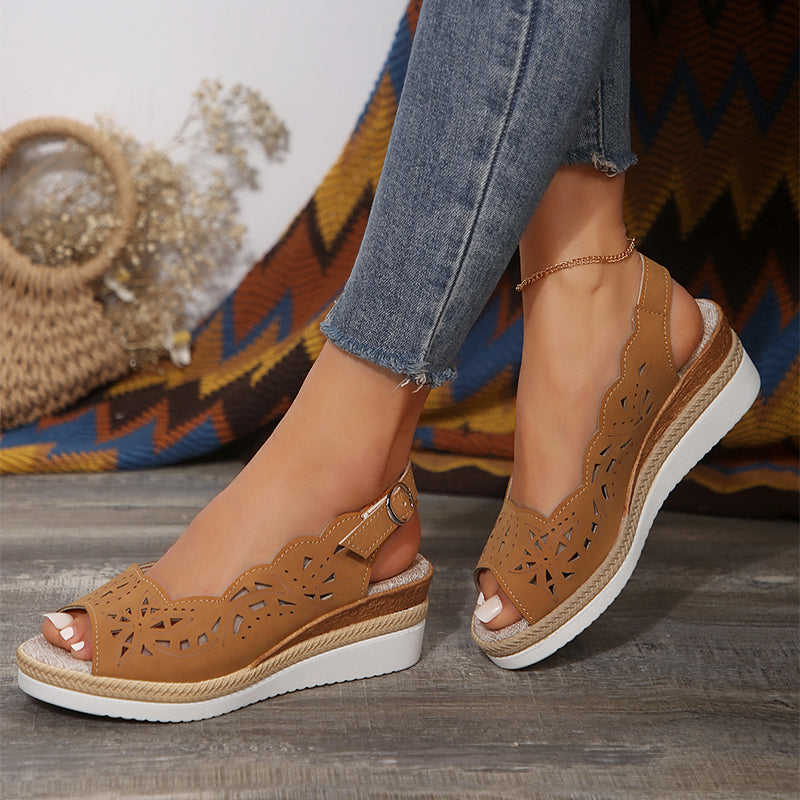 Sarah Express Cutout Wedge Sandals with Buckle Strap