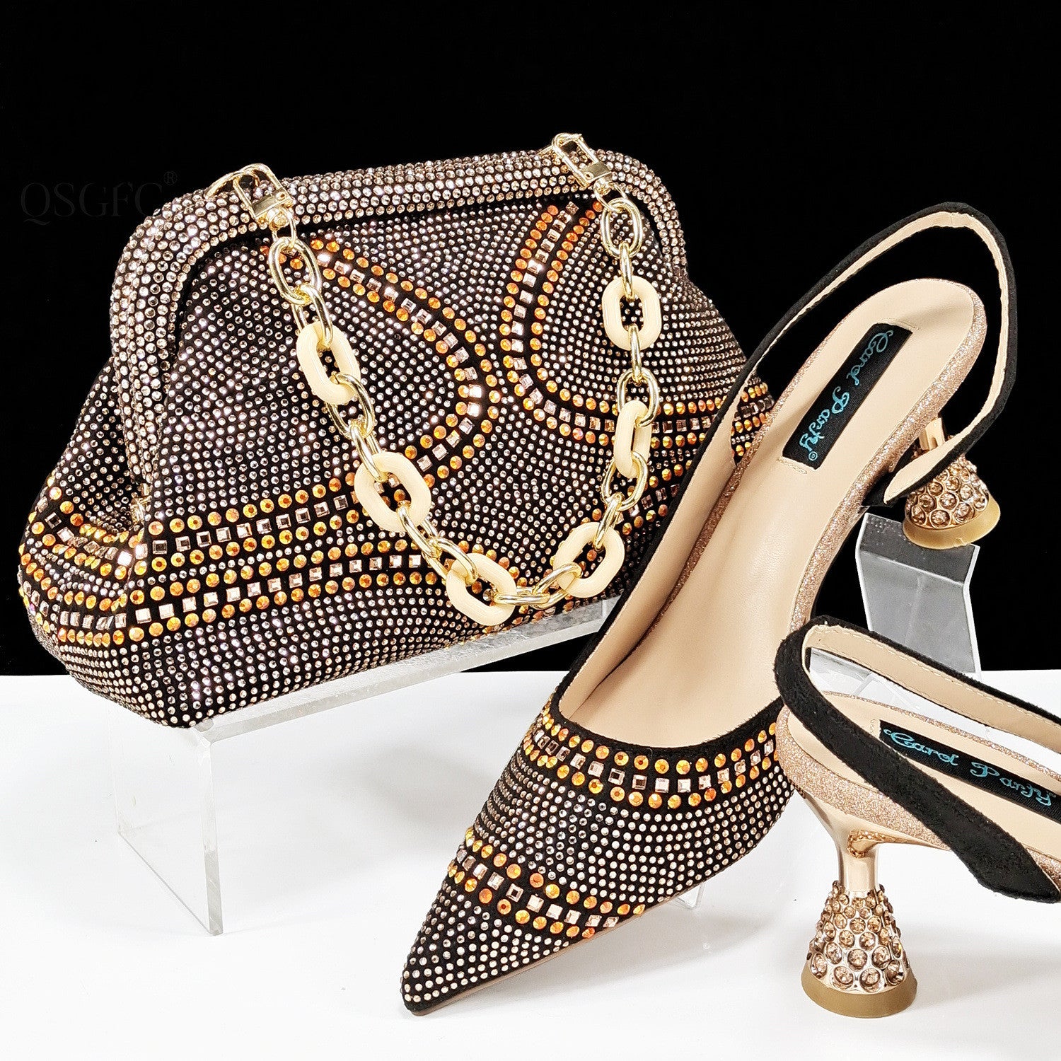 Sarah Express Rhinestone Pointed Toe Heels Bag Set Peach