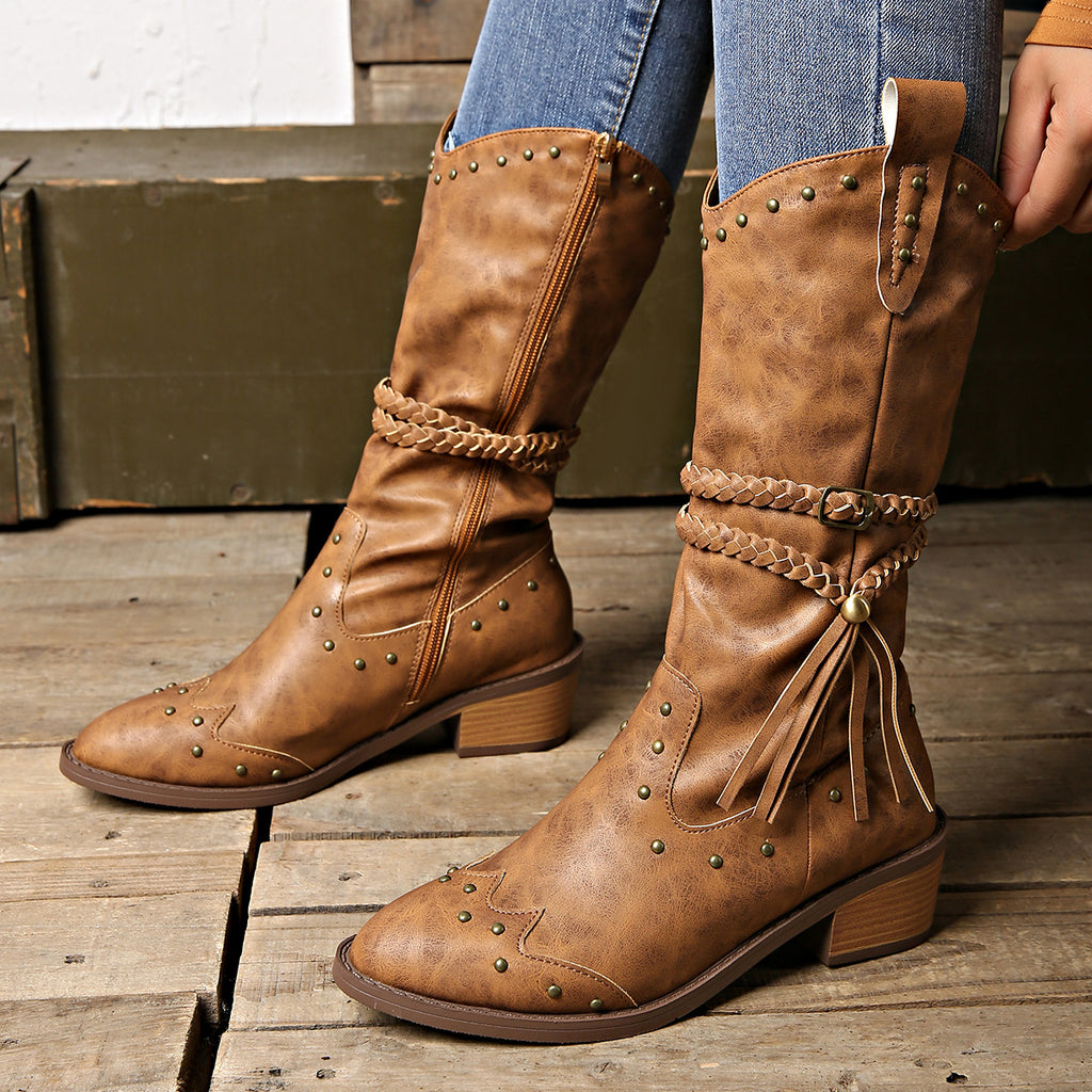 Sarah Express Retro Tassel Braided Strap Western Boots