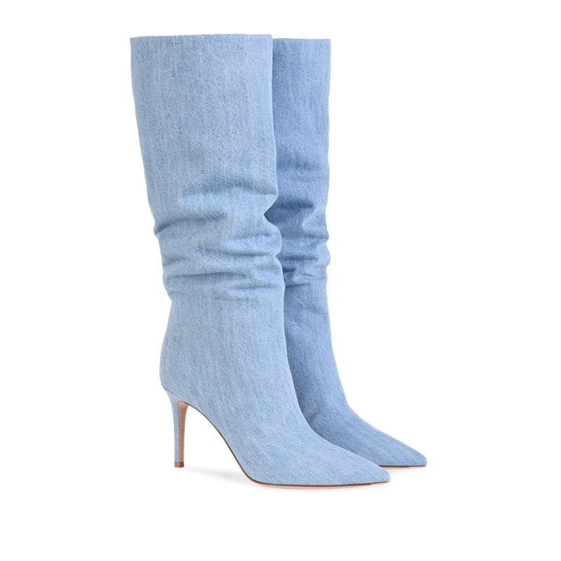 Sarah Express Women's Denim Stiletto Knee-High Boots