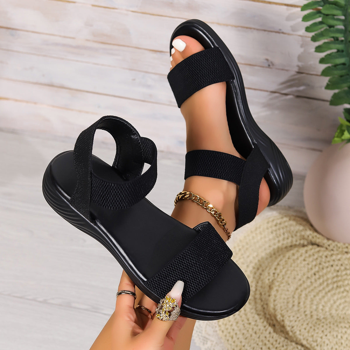 Sarah Express Color-Block Elastic Open-Toe Flat Sandals