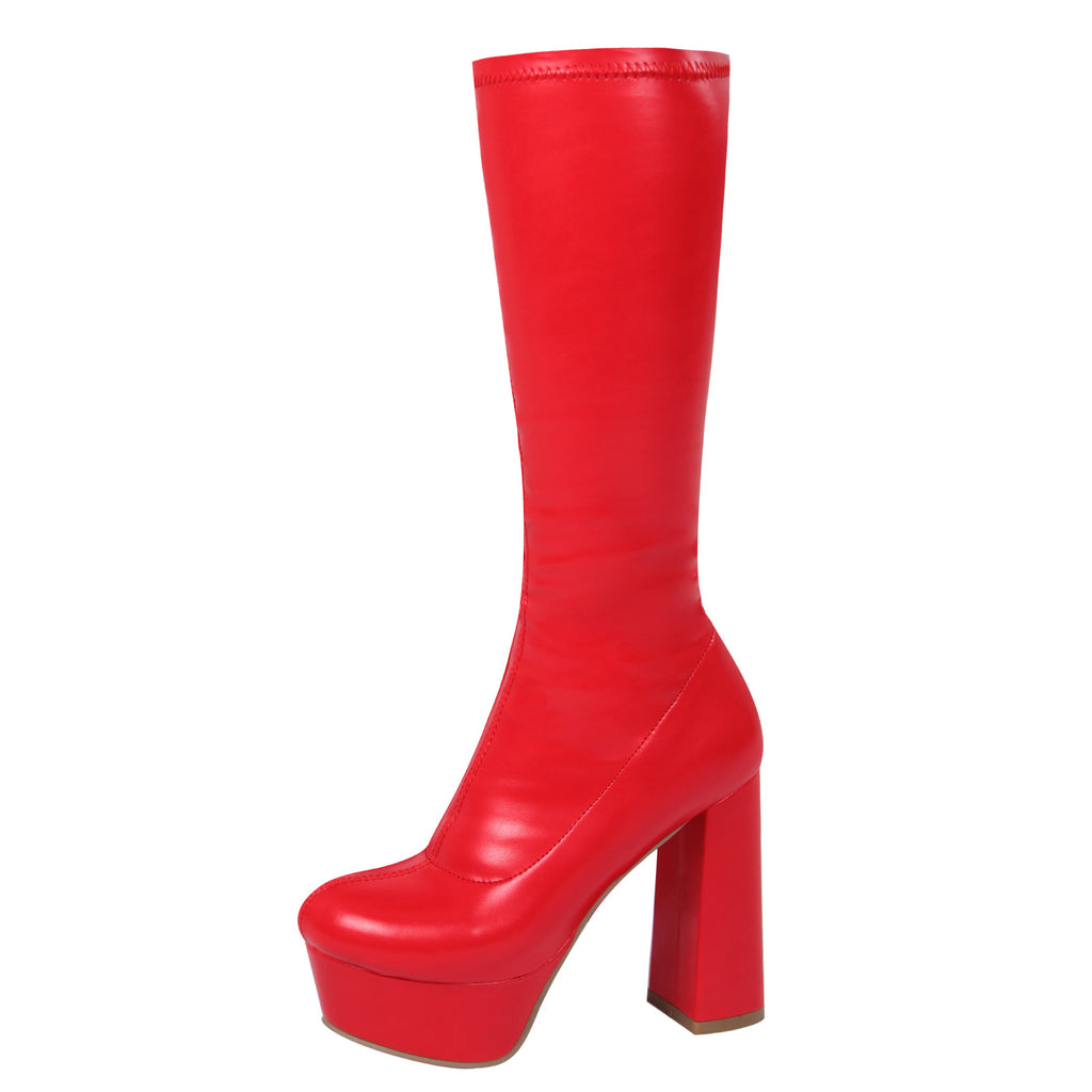 Sarah Express Chunky Heel Platform Mid-Calf Boots Red