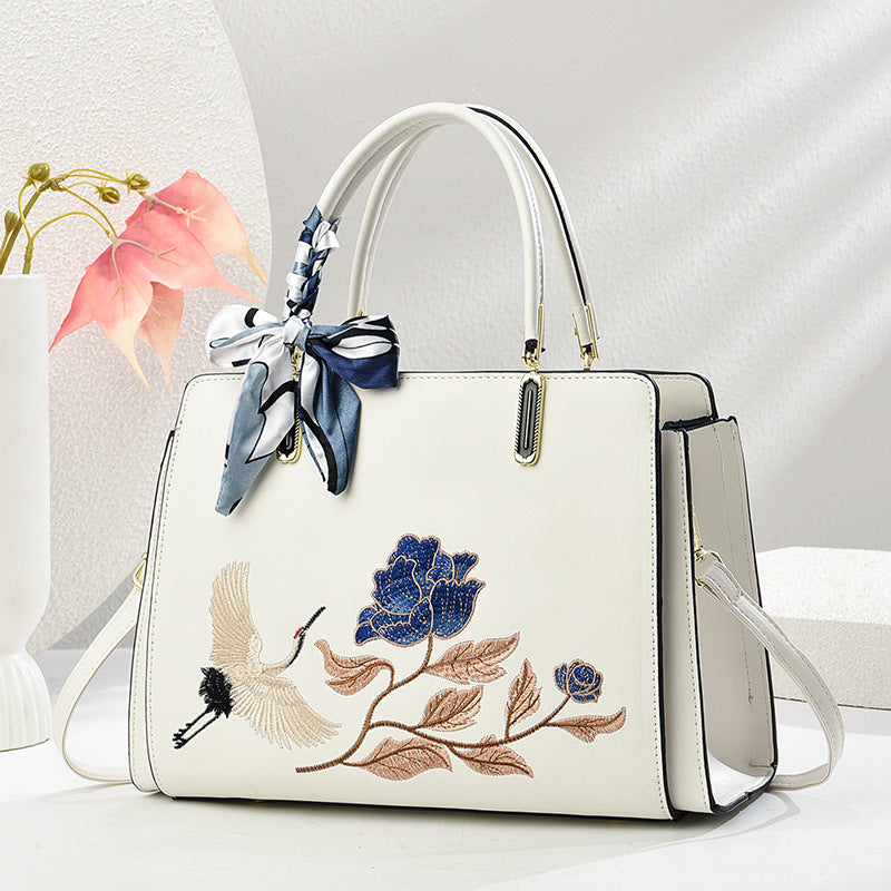 Sarah Express Embroidered Crane Crossbody Tote Bag