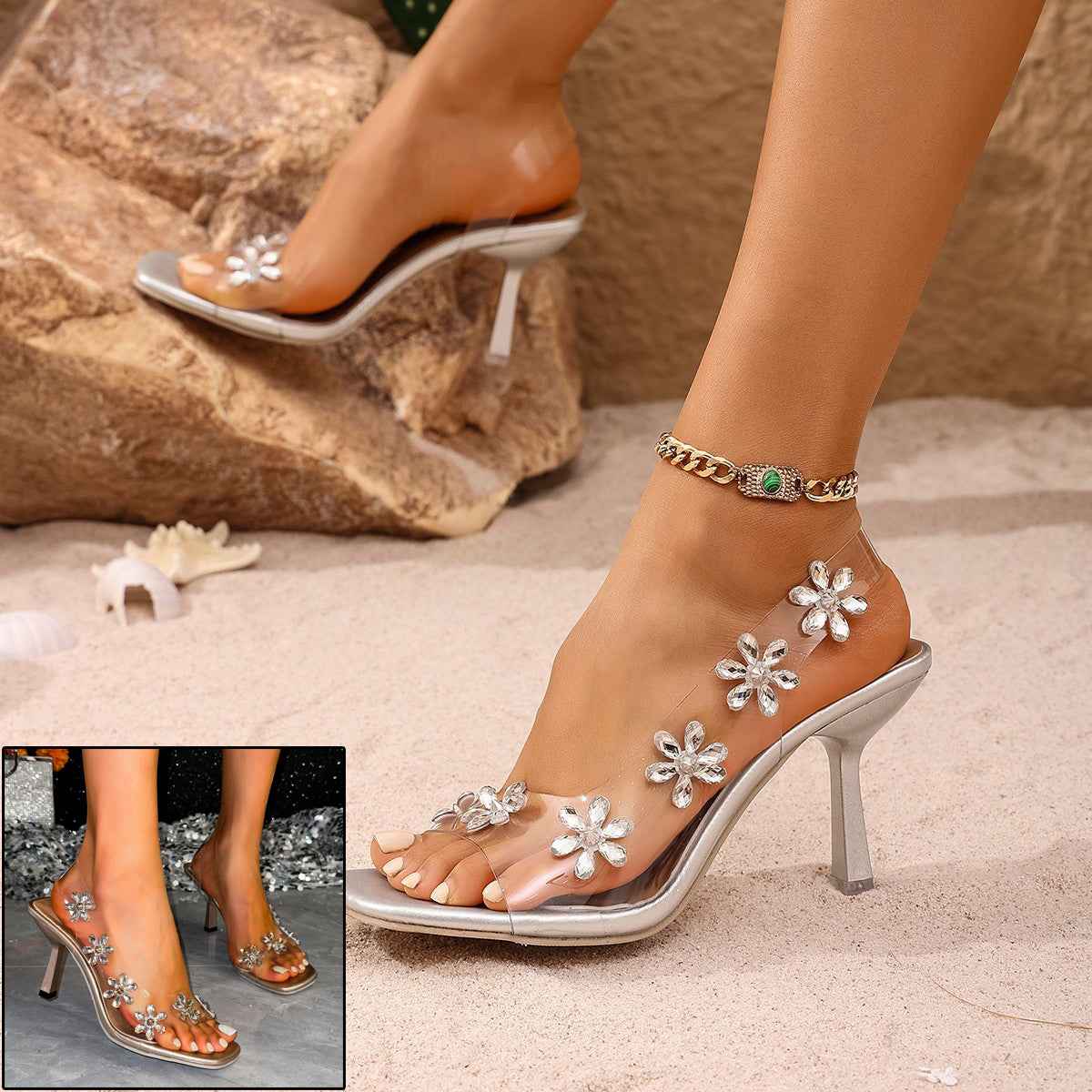 Sarah Express Rhinestone Slingback Heels Transparent PVC Pumps