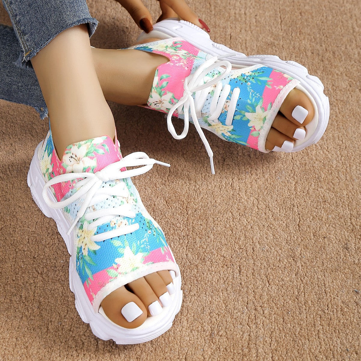 Sarah Express Floral Print Lace-Up Mesh Sandals