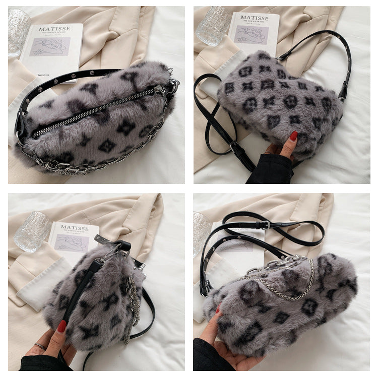 Sarah Express Leopard Print Plush Chain Shoulder Bag