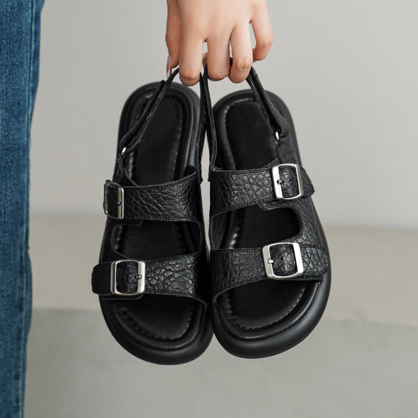 Sarah Express Handmade Sheepskin Double Buckle Platform Sandals