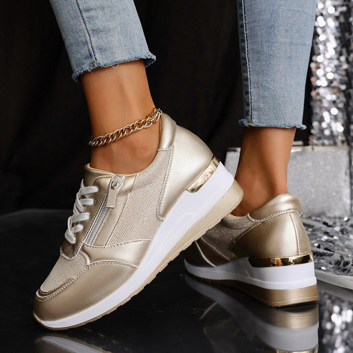 Sarah Express Women's Side Zipper Casual Wedge Sneakers