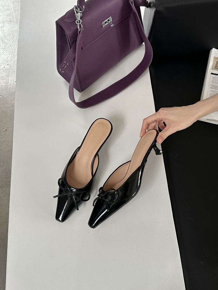 Sarah Express Elegant Low-Heel Bow Square Toe Slippers Black