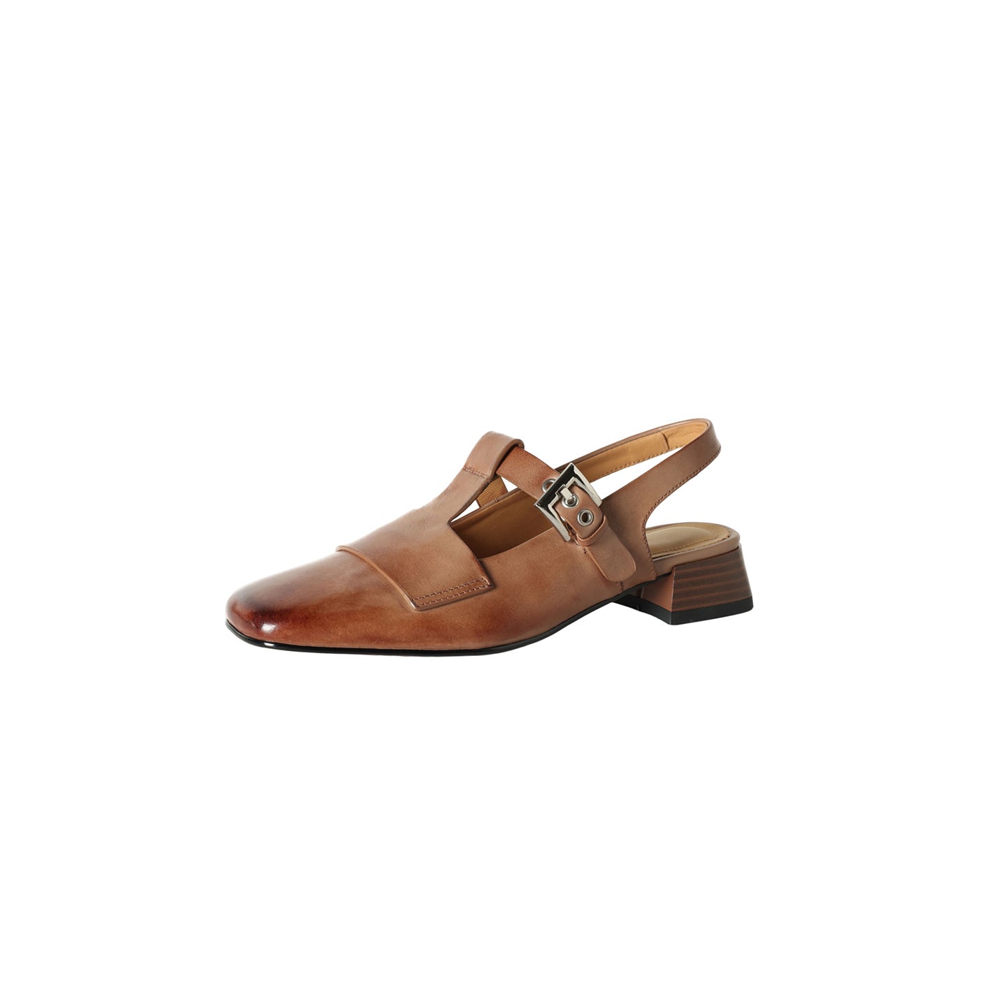 Sarah Express Handmade Leather T-Strap Block Heel Sandals Mocha Brown