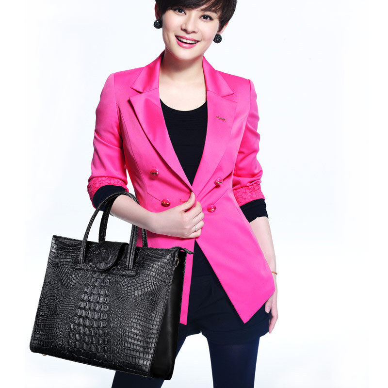 Sarah Express Crocodile Embossed Structured Leather Tote Bag