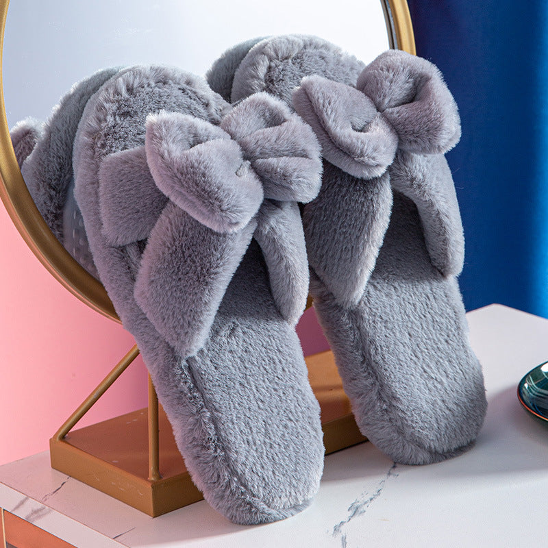 Sarah Express Bow Detail Plush Open-Toe Slippers Grey