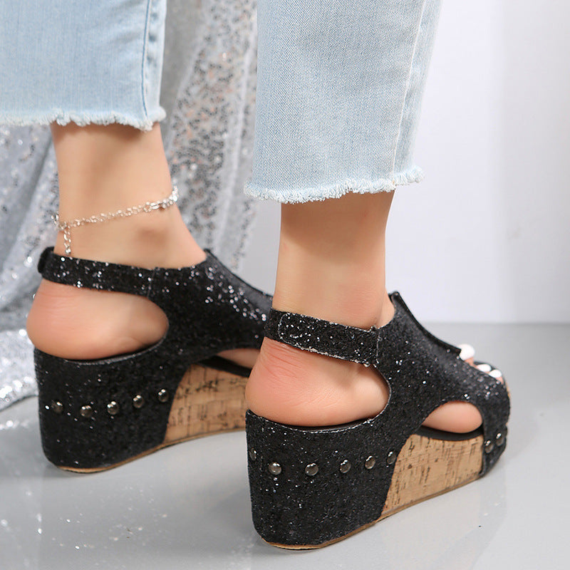 Sarah Express Sequin Chunky Wedge Platform Sandals