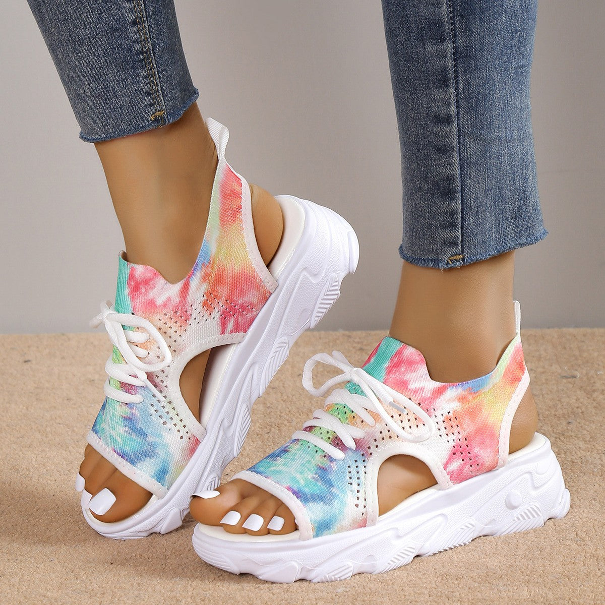 Sarah Express Floral Print Lace-Up Mesh Sandals