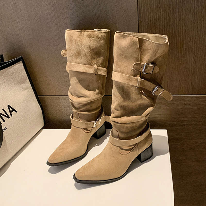Sarah Express Suede Pointed Toe Chunky Heel Boots Khaki