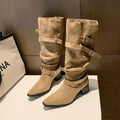Sarah Express Suede Pointed Toe Chunky Heel Boots Khaki