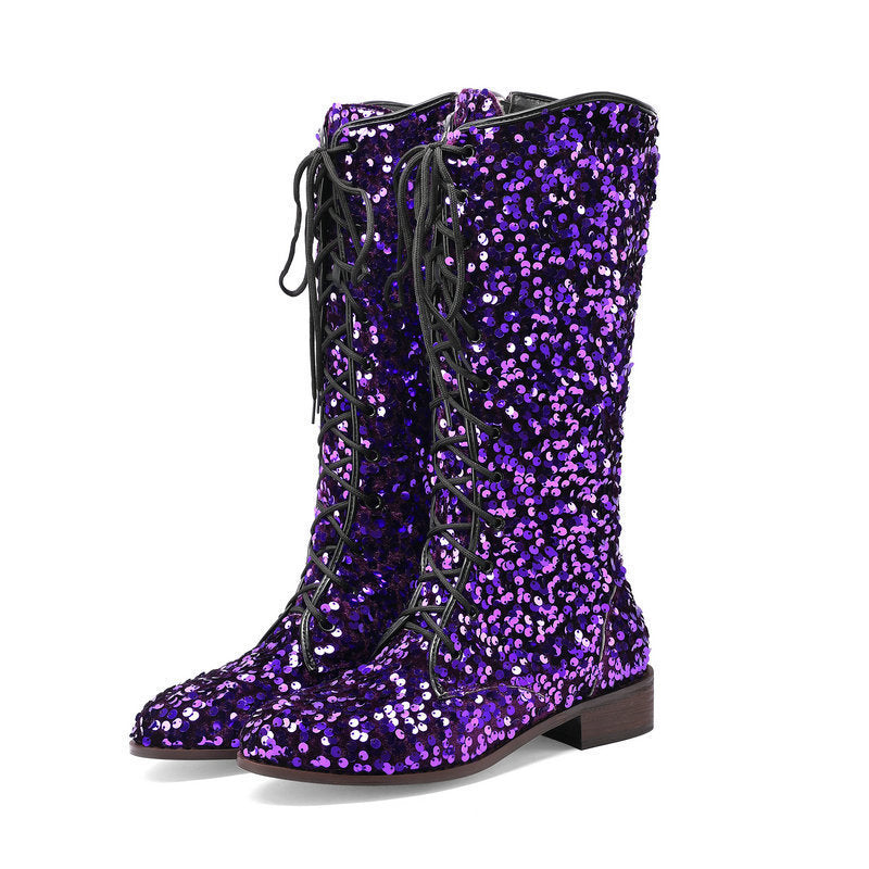 Sarah Express Glitter Sequin Over-the-Knee Lace-Up Boots