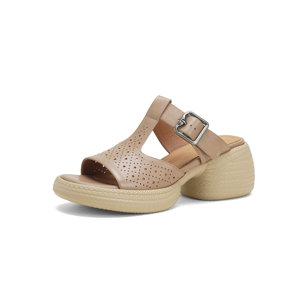 Sarah Express Perforated Leather T-Strap Platform Sandals Apricot