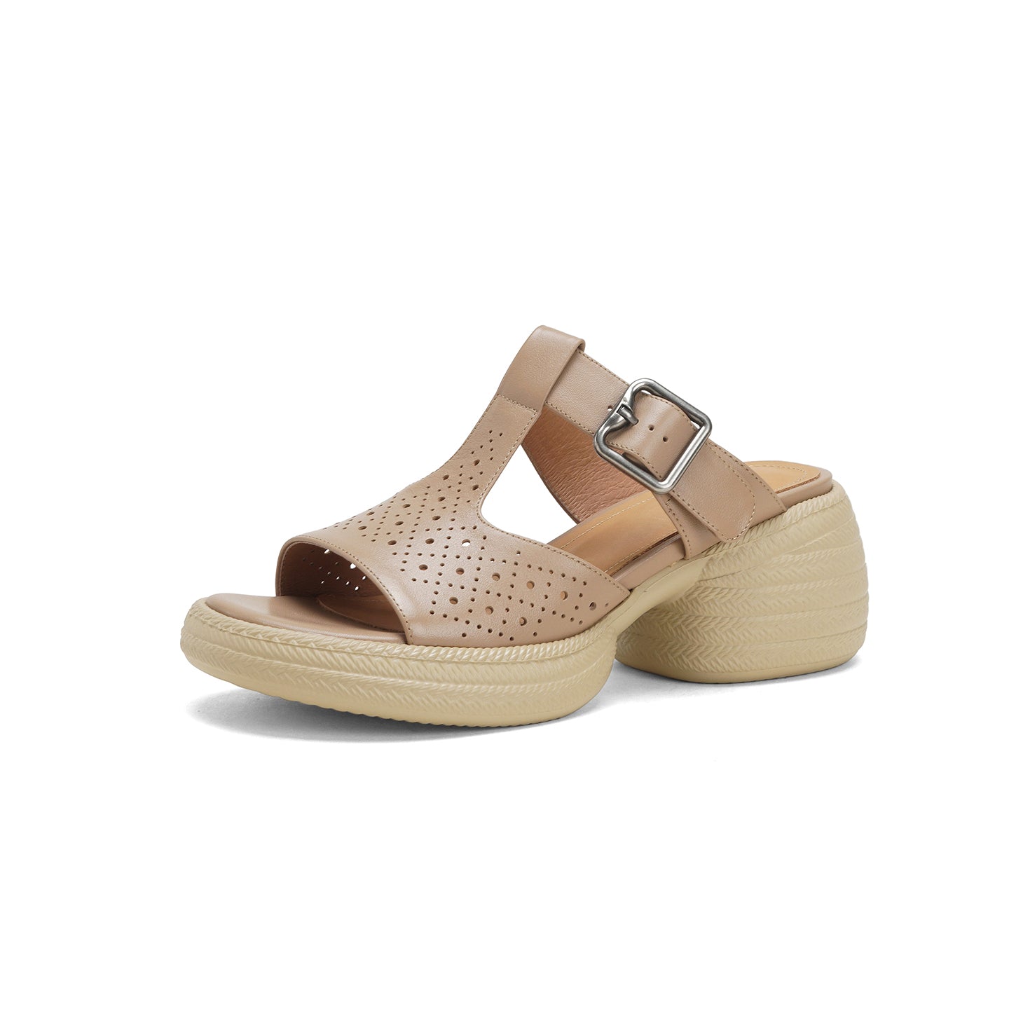 Sarah Express Perforated Leather T-Strap Platform Sandals Apricot