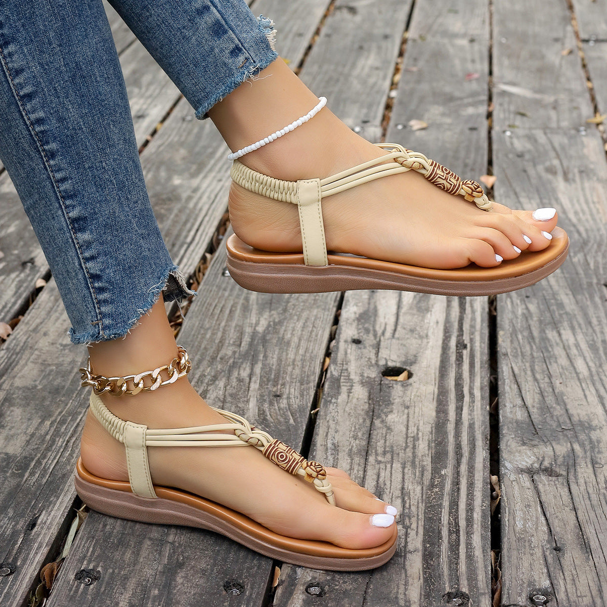 Sarah Express Flat Thong Roman Sandals Hollow PU