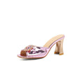 Sarah Express Glitter Rhinestone Square Toe Block Heel Sandals Purple