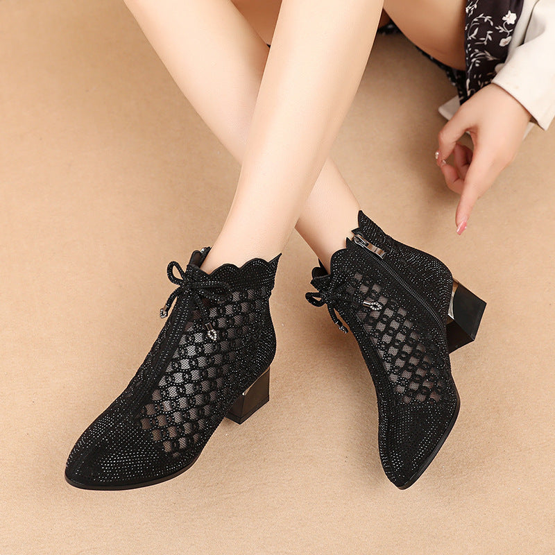 Sarah Express Rhinestone Mesh Cutout Ankle Boots